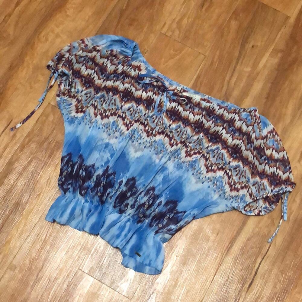 Guess Los Angeles Sheer Ikat Intricate Pattern Multicolor Blouse Size Small